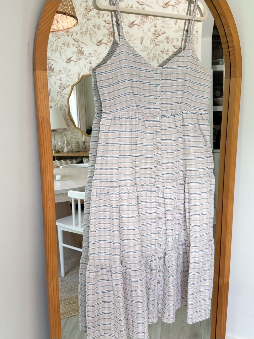 Nordstrom Beige and Blue Striped Tiered Button-Front Sundress